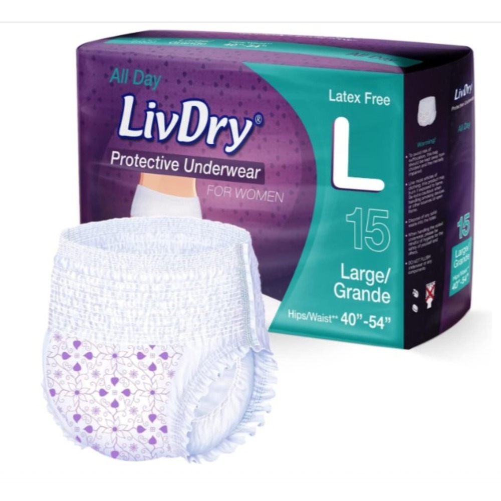 LivDry Protective Underwear Briefs Women's Latex Free Size Large 15 count